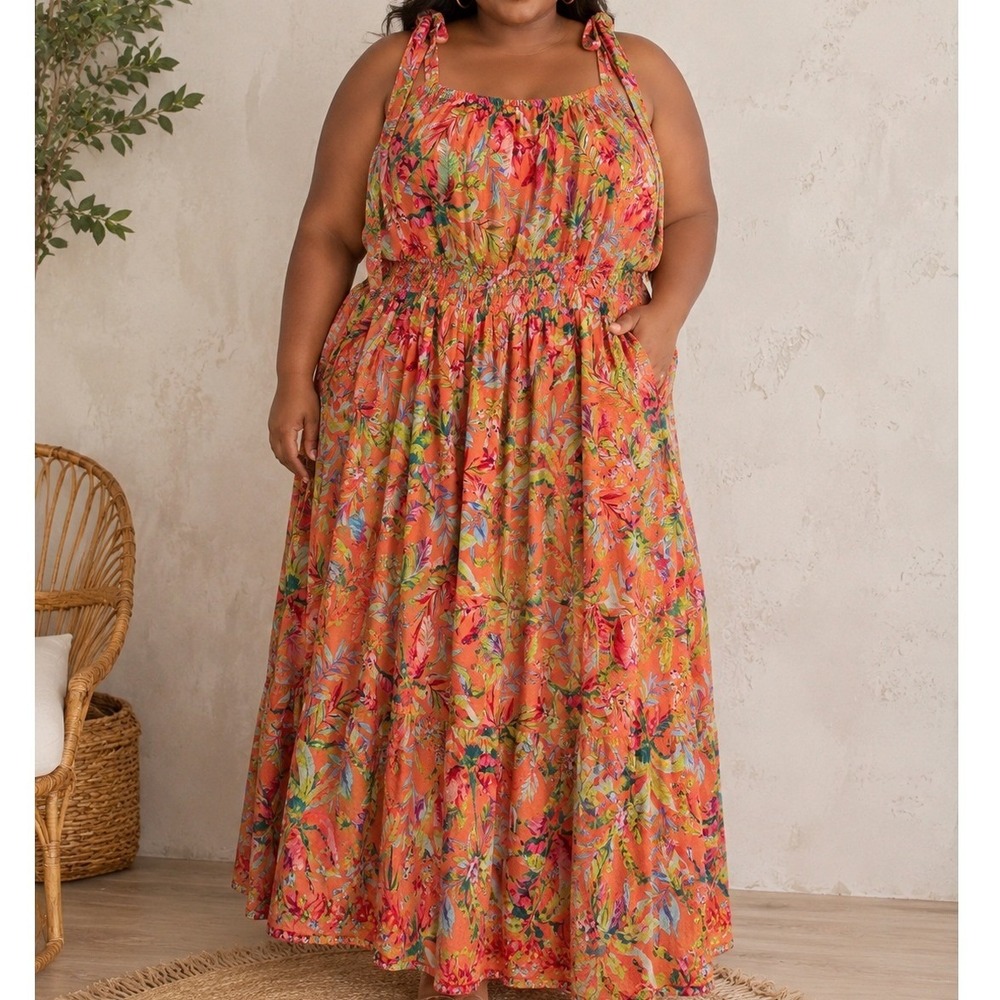 Lands End Plus Size 3X Maxi Dress Orange Tropical Floral Smocked Tie Strap 24W